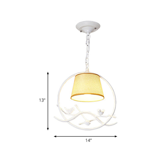 1 Light Bucket Pendant Lamp with Bird Rustic Metal Hanging Lamp in Beige for Restaurant Clearhalo 'Ceiling Lights' 'Pendant Lights' 'Pendants' Lighting' 205769