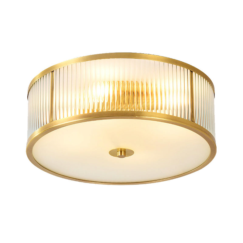 Gold Drum Flush Mount Lighting Minimalism Ribbed Glass 4 Heads Bedroom Flush Mount Ceiling Light Clearhalo 'Ceiling Lights' 'Close To Ceiling Lights' 'Close to ceiling' 'Flush mount' Lighting' 2057711