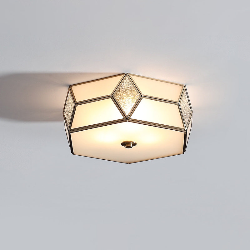 Polyhedron Shaped Frost Glass Flush Mount Traditional Bedroom Flushmount Ceiling Light in Gold 3 Gold Clearhalo 'Ceiling Lights' 'Close To Ceiling Lights' 'Close to ceiling' 'Flush mount' Lighting' 2057765