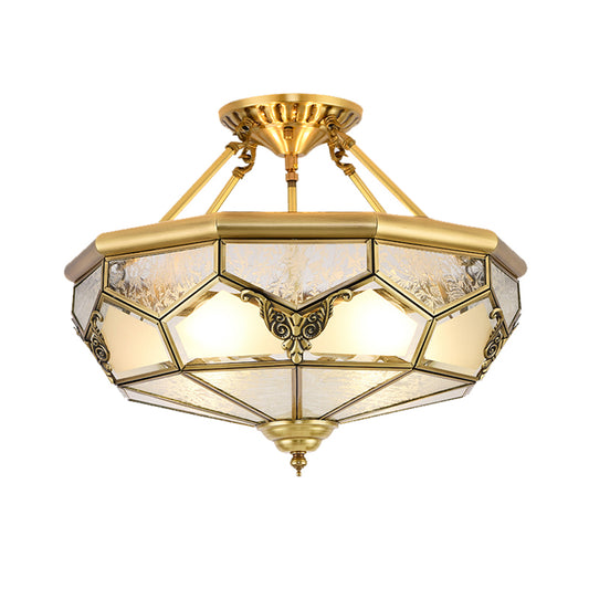 Bowl Shaped Frost Glass Flush Mount Lighting Classic Bedroom Semi Flush Chandelier in Gold Clearhalo 'Ceiling Lights' 'Close To Ceiling Lights' 'Close to ceiling' 'Semi-flushmount' Lighting' 2058074