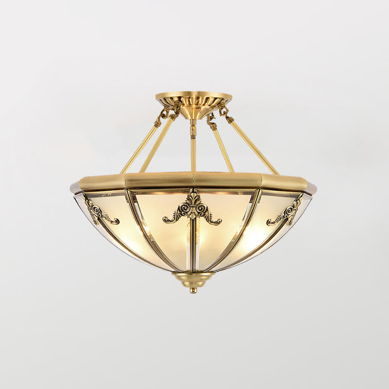 Bowl Shaped Frost Glass Flush Mount Lighting Classic Bedroom Semi Flush Chandelier in Gold Gold A Clearhalo 'Ceiling Lights' 'Close To Ceiling Lights' 'Close to ceiling' 'Semi-flushmount' Lighting' 2058076