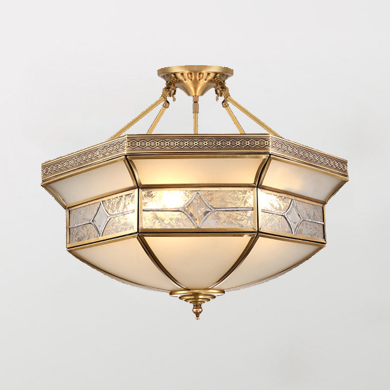 Bowl Shaped Frost Glass Flush Mount Lighting Classic Bedroom Semi Flush Chandelier in Gold Gold D Clearhalo 'Ceiling Lights' 'Close To Ceiling Lights' 'Close to ceiling' 'Semi-flushmount' Lighting' 2058078