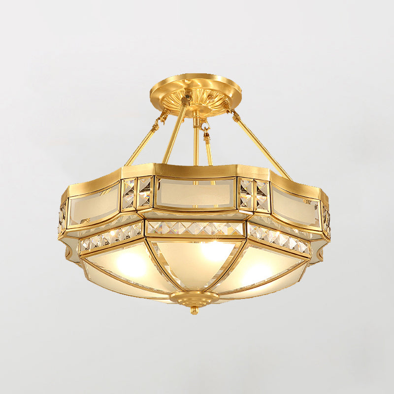 Bowl Shaped Frost Glass Flush Mount Lighting Classic Bedroom Semi Flush Chandelier in Gold Gold E Clearhalo 'Ceiling Lights' 'Close To Ceiling Lights' 'Close to ceiling' 'Semi-flushmount' Lighting' 2058079