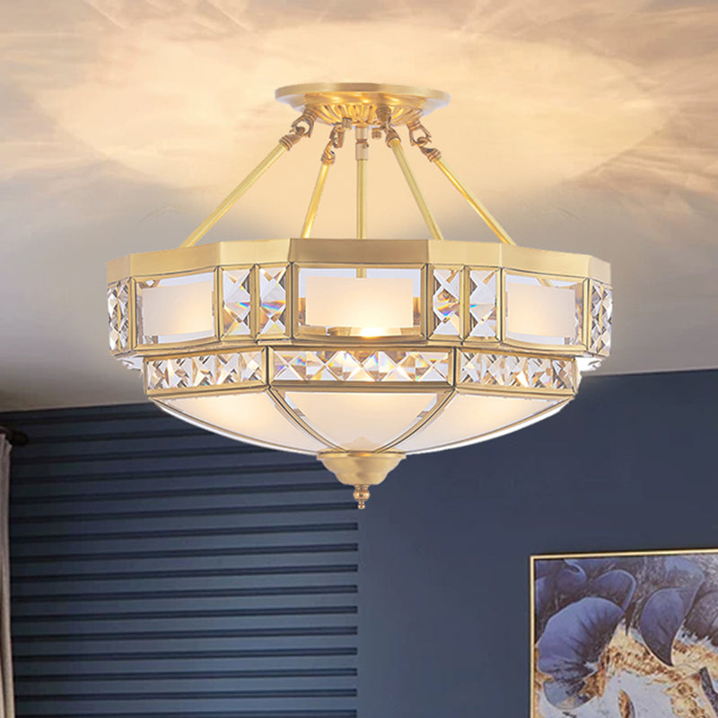 4 Heads Hand-Blown Glass Flush Mount Vintage Gold Bowl Shaped Corridor Semi Flush Chandelier with Crystal Decor Clearhalo 'Ceiling Lights' 'Close To Ceiling Lights' 'Close to ceiling' 'Flush mount' Lighting' 2058081