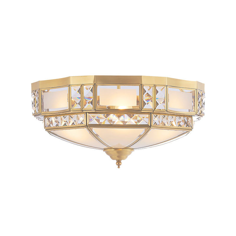 4 Heads Hand-Blown Glass Flush Mount Vintage Gold Bowl Shaped Corridor Semi Flush Chandelier with Crystal Decor Clearhalo 'Ceiling Lights' 'Close To Ceiling Lights' 'Close to ceiling' 'Flush mount' Lighting' 2058084