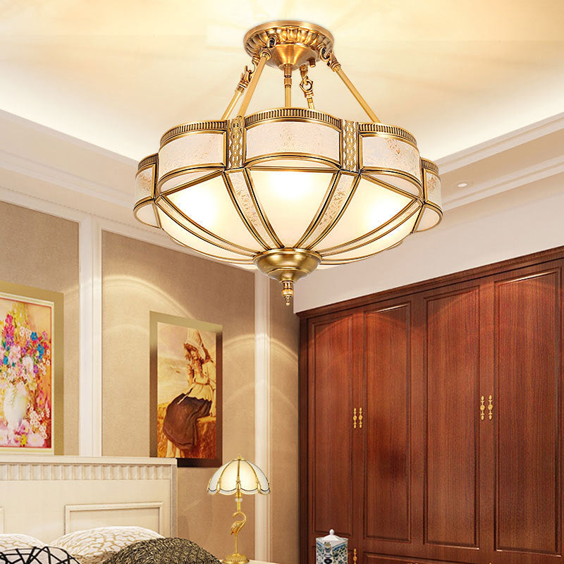Scalloped Shaped Bedroom Flush Mount Lighting Classic Frost Glass Gold Semi Flush Chandelier Gold Downrods Clearhalo 'Ceiling Lights' 'Close To Ceiling Lights' 'Close to ceiling' 'Flush mount' Lighting' 2058085