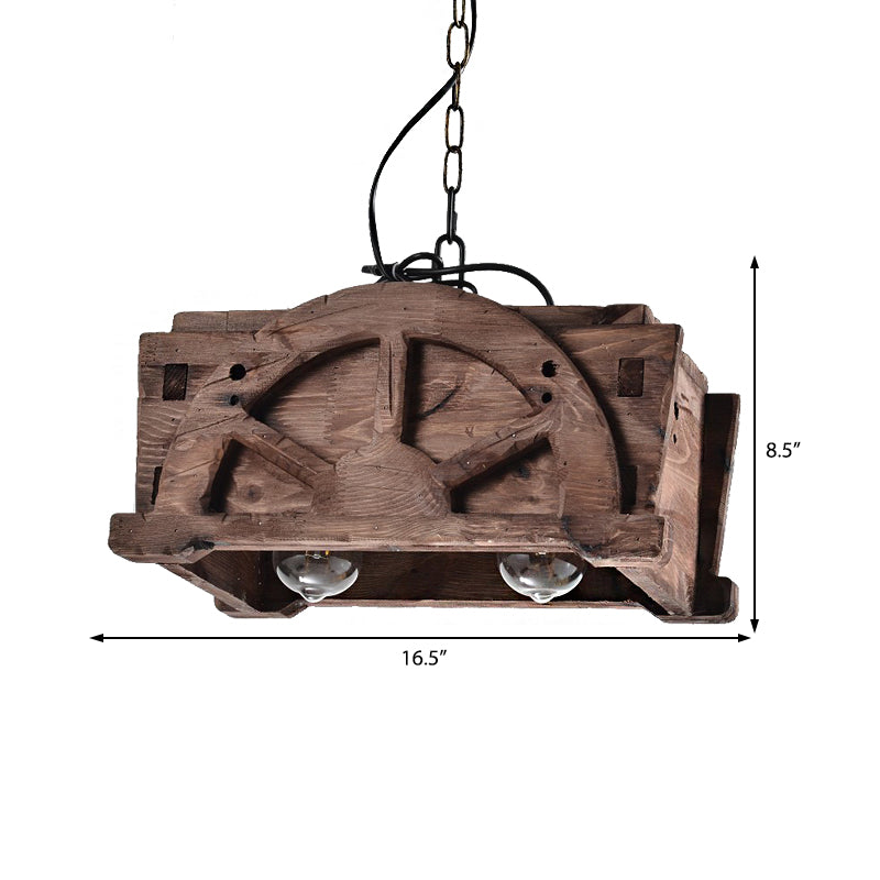 Clear Glass Brown Pendant Lamp Rectangle 2-Light Loft Style Chandelier Light Fixture with Wood Clearhalo 'Carpenter Chandeliers' 'Ceiling Lights' 'Chandeliers' 'Industrial Chandeliers' 'Industrial' 'Middle Century Chandeliers' 'Modern' 'Tiffany' Lighting' 205811