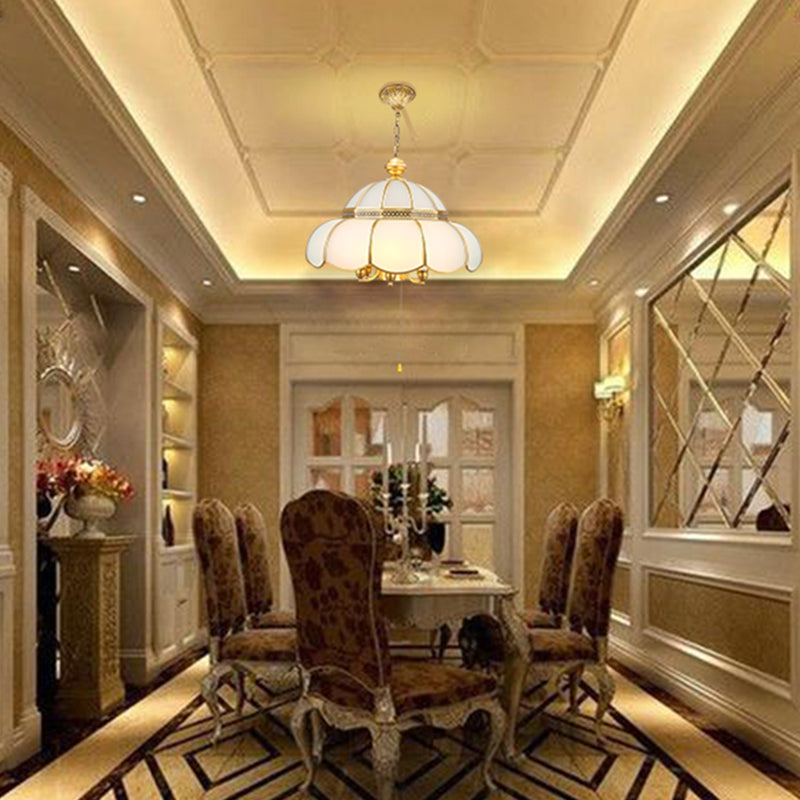 6 Bulbs Cream Glass Suspension Light Traditional Gold Scalloped Corridor Chandelier Light with Pull Chain Clearhalo 'Ceiling Lights' 'Chandeliers' Lighting' options 2058145