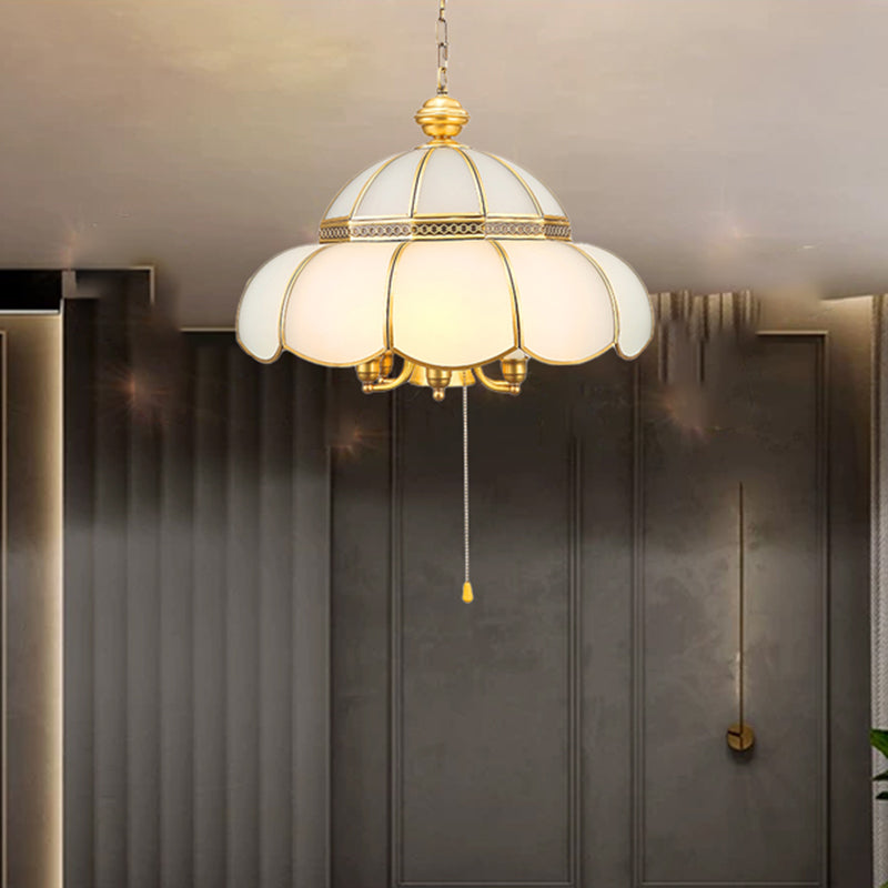 6 Bulbs Cream Glass Suspension Light Traditional Gold Scalloped Corridor Chandelier Light with Pull Chain Clearhalo 'Ceiling Lights' 'Chandeliers' Lighting' options 2058146