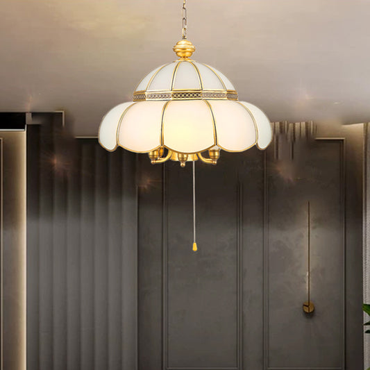 6 Bulbs Cream Glass Suspension Light Traditional Gold Scalloped Corridor Chandelier Light with Pull Chain Clearhalo 'Ceiling Lights' 'Chandeliers' Lighting' options 2058146