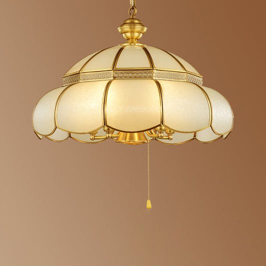 6 Bulbs Cream Glass Suspension Light Traditional Gold Scalloped Corridor Chandelier Light with Pull Chain Clearhalo 'Ceiling Lights' 'Chandeliers' Lighting' options 2058149