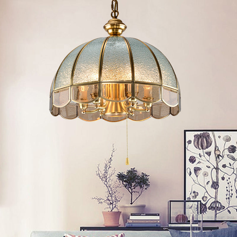 Hemisphere Study Room Chandelier Lighting Vintage Ripple Glass Gold Pendant Light with Pull Chain with Scalloped Edge Clearhalo 'Ceiling Lights' 'Chandeliers' Lighting' options 2058150