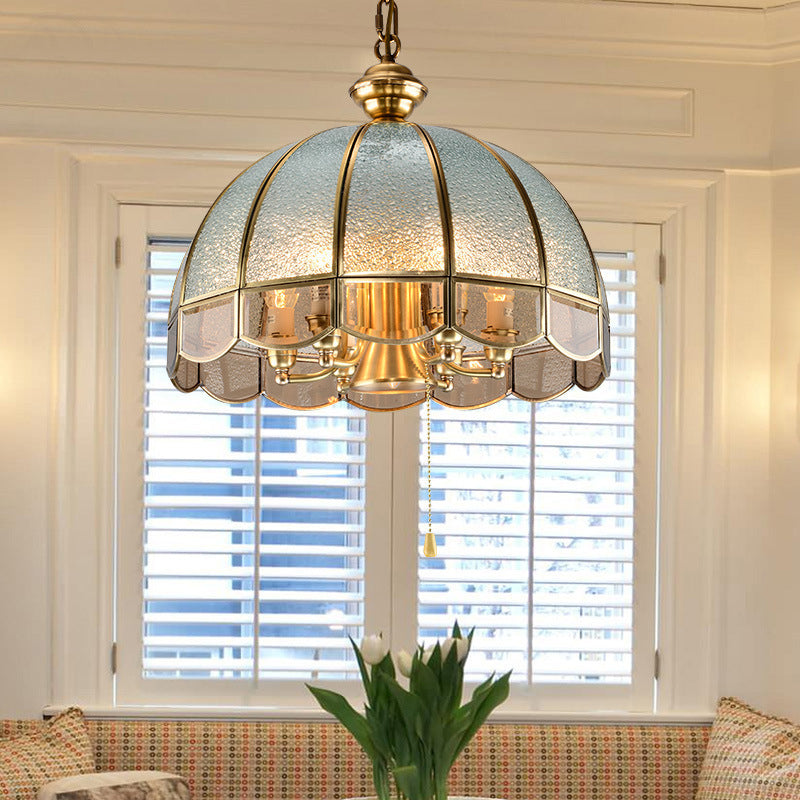 Hemisphere Study Room Chandelier Lighting Vintage Ripple Glass Gold Pendant Light with Pull Chain with Scalloped Edge Clearhalo 'Ceiling Lights' 'Chandeliers' Lighting' options 2058151