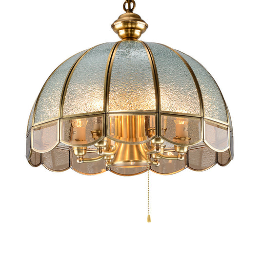 Hemisphere Study Room Chandelier Lighting Vintage Ripple Glass Gold Pendant Light with Pull Chain with Scalloped Edge Clearhalo 'Ceiling Lights' 'Chandeliers' Lighting' options 2058152