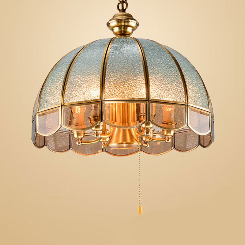 Hemisphere Study Room Chandelier Lighting Vintage Ripple Glass Gold Pendant Light with Pull Chain with Scalloped Edge Clearhalo 'Ceiling Lights' 'Chandeliers' Lighting' options 2058153
