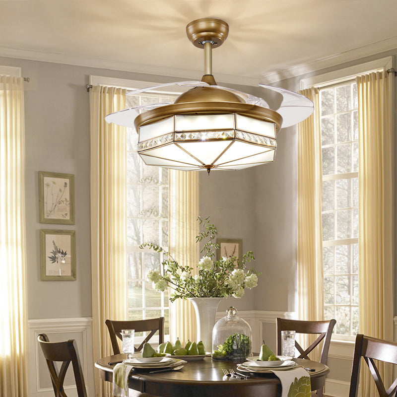 4 Blades Classic Geometric Shaped Ceiling Fan Light Frost Glass 42" Wide LED Semi Mount Lighting in Brass Brass A Clearhalo 'Ceiling Fans with Lights' 'Ceiling Fans' Lighting' 2058181