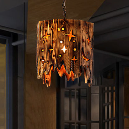 Vintage Cylinder Hanging Ceiling Light 1 Light Wood Pendant Lighting in Bronze with Etched Star Brown Clearhalo 'Ceiling Lights' 'Industrial Pendants' 'Industrial' 'Middle Century Pendants' 'Pendant Lights' 'Pendants' 'Tiffany' Lighting' 205850