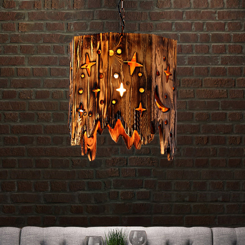 Vintage Cylinder Hanging Ceiling Light 1 Light Wood Pendant Lighting in Bronze with Etched Star Clearhalo 'Ceiling Lights' 'Industrial Pendants' 'Industrial' 'Middle Century Pendants' 'Pendant Lights' 'Pendants' 'Tiffany' Lighting' 205851