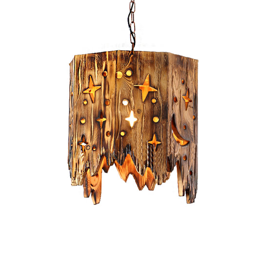 Vintage Cylinder Hanging Ceiling Light 1 Light Wood Pendant Lighting in Bronze with Etched Star Clearhalo 'Ceiling Lights' 'Industrial Pendants' 'Industrial' 'Middle Century Pendants' 'Pendant Lights' 'Pendants' 'Tiffany' Lighting' 205852