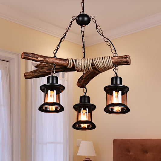 3 Lights Ceiling Light Coastal Style Lantern Clear Glass Hanging Chandelier in Black with Chain and Wood Clearhalo 'Cast Iron' 'Ceiling Lights' 'Chandeliers' 'Industrial Chandeliers' 'Industrial' 'Metal' 'Middle Century Chandeliers' 'Rustic Chandeliers' 'Tiffany' Lighting' 205863