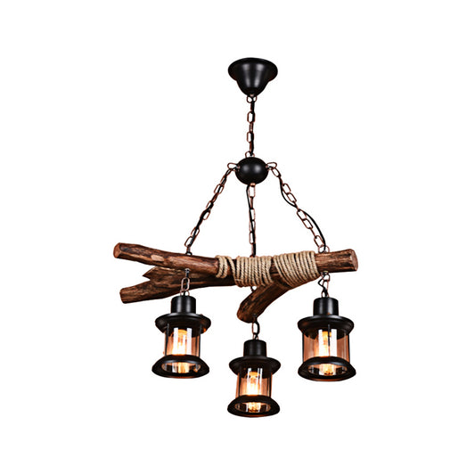 3 Lights Ceiling Light Coastal Style Lantern Clear Glass Hanging Chandelier in Black with Chain and Wood Clearhalo 'Cast Iron' 'Ceiling Lights' 'Chandeliers' 'Industrial Chandeliers' 'Industrial' 'Metal' 'Middle Century Chandeliers' 'Rustic Chandeliers' 'Tiffany' Lighting' 205864