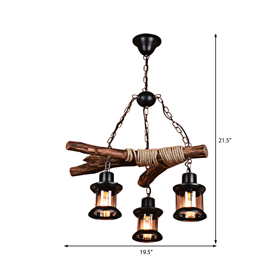 3 Lights Ceiling Light Coastal Style Lantern Clear Glass Hanging Chandelier in Black with Chain and Wood Clearhalo 'Cast Iron' 'Ceiling Lights' 'Chandeliers' 'Industrial Chandeliers' 'Industrial' 'Metal' 'Middle Century Chandeliers' 'Rustic Chandeliers' 'Tiffany' Lighting' 205865