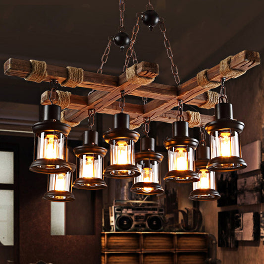 Black Lantern Chandelier Lamp Retro Industrial Clear Glass Multi Light Coffee Shop Hanging Light with Wood Frame Clearhalo 'Cast Iron' 'Ceiling Lights' 'Chandeliers' 'Industrial Chandeliers' 'Industrial' 'Metal' 'Middle Century Chandeliers' 'Rustic Chandeliers' 'Tiffany' Lighting' 205871