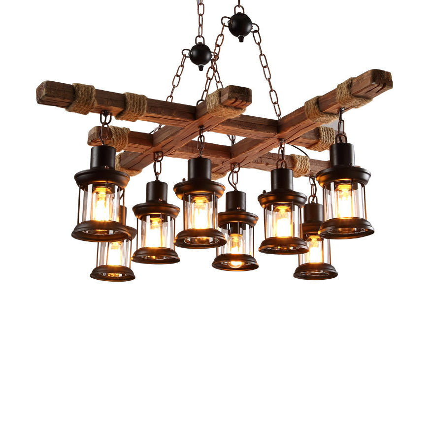 Black Lantern Chandelier Lamp Retro Industrial Clear Glass Multi Light Coffee Shop Hanging Light with Wood Frame Clearhalo 'Cast Iron' 'Ceiling Lights' 'Chandeliers' 'Industrial Chandeliers' 'Industrial' 'Metal' 'Middle Century Chandeliers' 'Rustic Chandeliers' 'Tiffany' Lighting' 205872