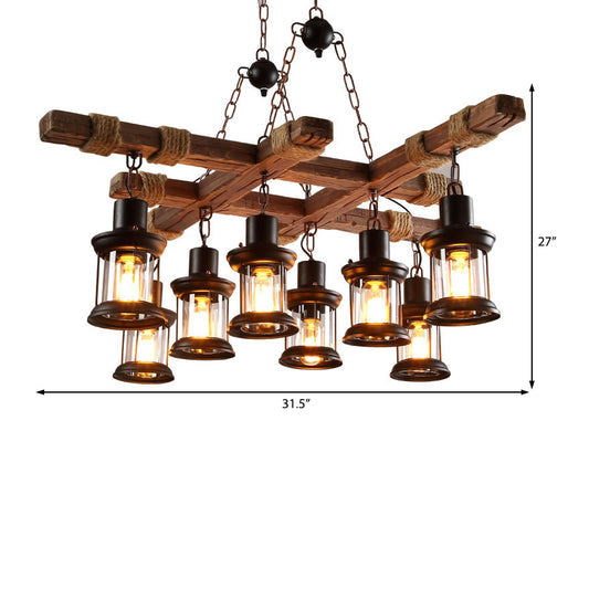 Black Lantern Chandelier Lamp Retro Industrial Clear Glass Multi Light Coffee Shop Hanging Light with Wood Frame Clearhalo 'Cast Iron' 'Ceiling Lights' 'Chandeliers' 'Industrial Chandeliers' 'Industrial' 'Metal' 'Middle Century Chandeliers' 'Rustic Chandeliers' 'Tiffany' Lighting' 205873