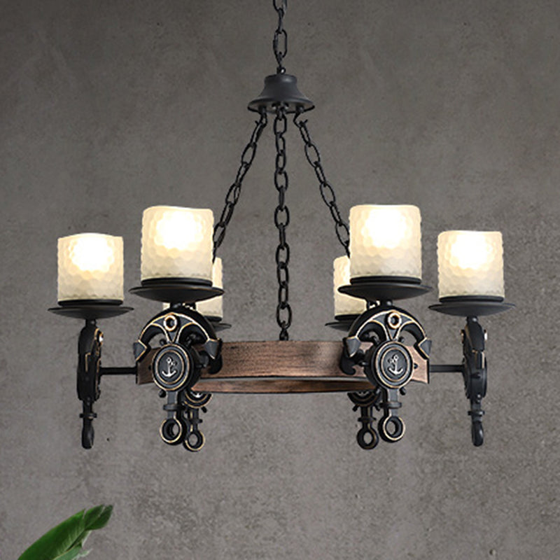 Frosted Textured Glass Wagon Wheel Hanging Chandelier Coastal 6-Light Corridor Pendant Light Black Clearhalo 'Cast Iron' 'Ceiling Lights' 'Chandeliers' 'Industrial Chandeliers' 'Industrial' 'Metal' 'Middle Century Chandeliers' 'Rustic Chandeliers' 'Tiffany' Lighting' 205882