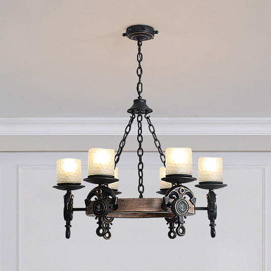 Frosted Textured Glass Wagon Wheel Hanging Chandelier Coastal 6-Light Corridor Pendant Light Clearhalo 'Cast Iron' 'Ceiling Lights' 'Chandeliers' 'Industrial Chandeliers' 'Industrial' 'Metal' 'Middle Century Chandeliers' 'Rustic Chandeliers' 'Tiffany' Lighting' 205883