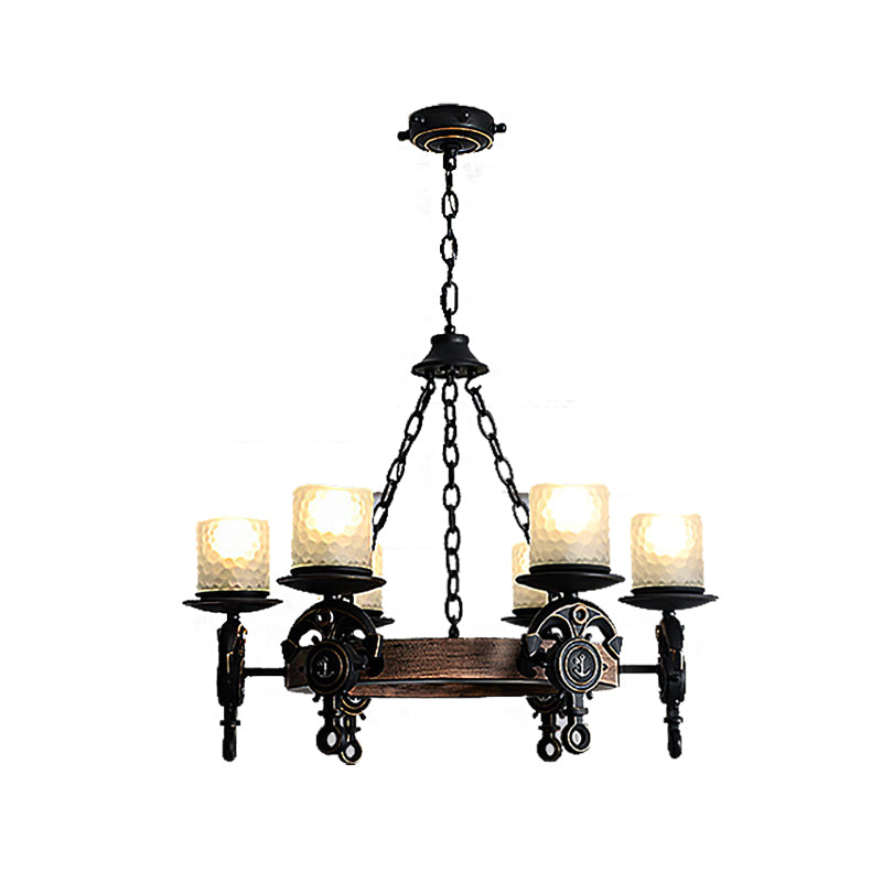Frosted Textured Glass Wagon Wheel Hanging Chandelier Coastal 6-Light Corridor Pendant Light Clearhalo 'Cast Iron' 'Ceiling Lights' 'Chandeliers' 'Industrial Chandeliers' 'Industrial' 'Metal' 'Middle Century Chandeliers' 'Rustic Chandeliers' 'Tiffany' Lighting' 205884