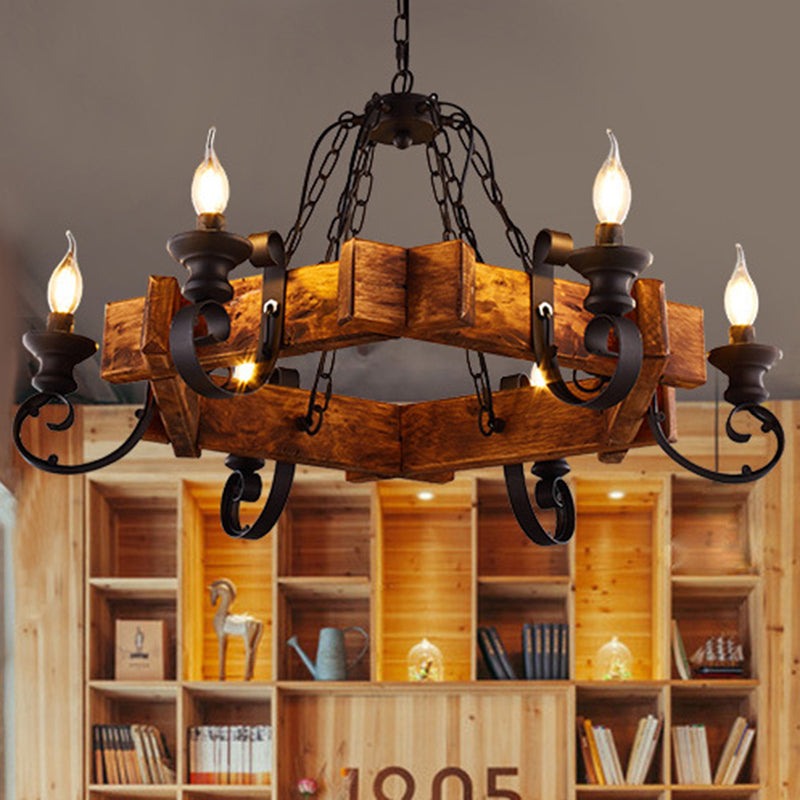 Clear Glass Black Pendant Lamp Candle 6-Light Vintage Chandelier Light Fixture with Wooden Backplate Black Clearhalo 'Cast Iron' 'Ceiling Lights' 'Chandeliers' 'Industrial Chandeliers' 'Industrial' 'Metal' 'Middle Century Chandeliers' 'Rustic Chandeliers' 'Tiffany' Lighting' 205887