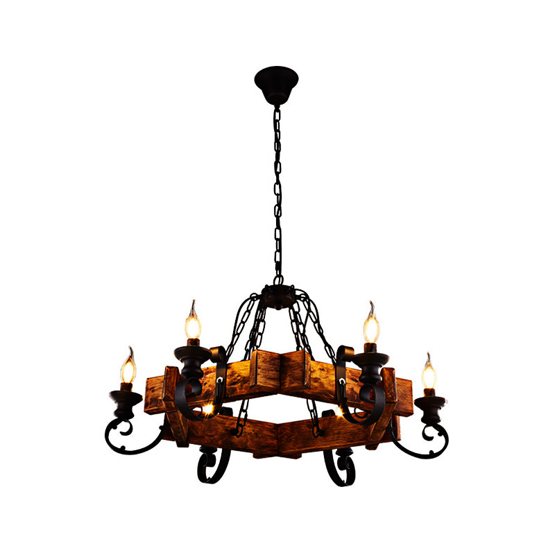 Clear Glass Black Pendant Lamp Candle 6-Light Vintage Chandelier Light Fixture with Wooden Backplate Clearhalo 'Cast Iron' 'Ceiling Lights' 'Chandeliers' 'Industrial Chandeliers' 'Industrial' 'Metal' 'Middle Century Chandeliers' 'Rustic Chandeliers' 'Tiffany' Lighting' 205889