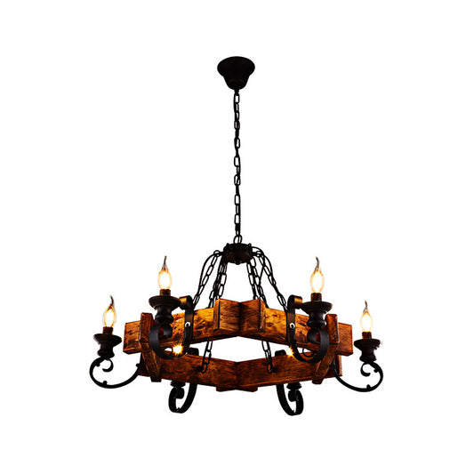 Clear Glass Black Pendant Lamp Candle 6-Light Vintage Chandelier Light Fixture with Wooden Backplate Clearhalo 'Cast Iron' 'Ceiling Lights' 'Chandeliers' 'Industrial Chandeliers' 'Industrial' 'Metal' 'Middle Century Chandeliers' 'Rustic Chandeliers' 'Tiffany' Lighting' 205889