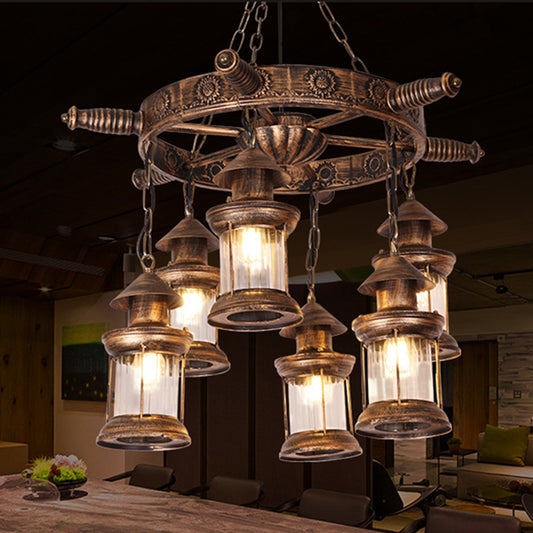 6-Light Clear Glass Hanging Chandelier Industrial Antique Brass Wagon Wheel Dining Room Pendant Light Fixture Clearhalo 'Cast Iron' 'Ceiling Lights' 'Chandeliers' 'Industrial Chandeliers' 'Industrial' 'Metal' 'Middle Century Chandeliers' 'Rustic Chandeliers' 'Tiffany' Lighting' 205893