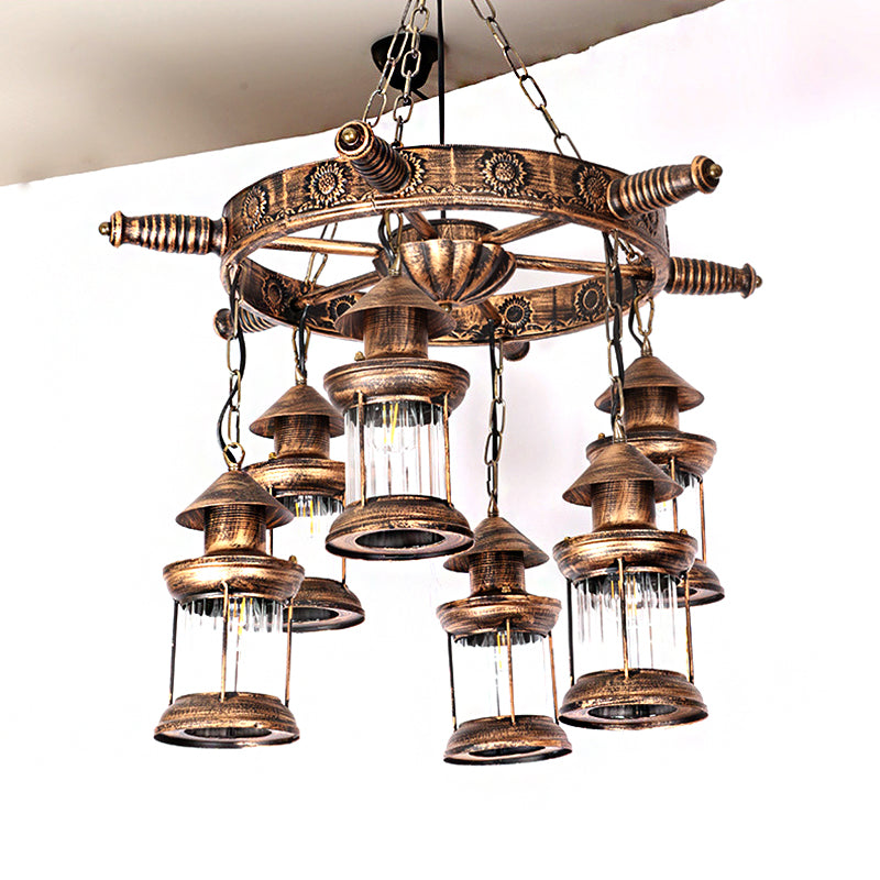 6-Light Clear Glass Hanging Chandelier Industrial Antique Brass Wagon Wheel Dining Room Pendant Light Fixture Clearhalo 'Cast Iron' 'Ceiling Lights' 'Chandeliers' 'Industrial Chandeliers' 'Industrial' 'Metal' 'Middle Century Chandeliers' 'Rustic Chandeliers' 'Tiffany' Lighting' 205895