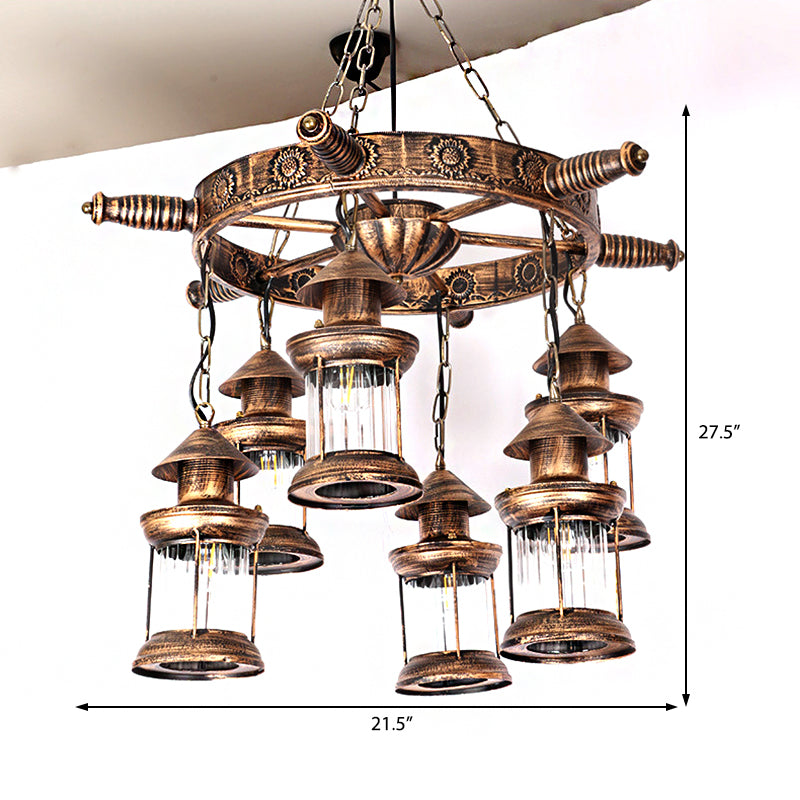 6-Light Clear Glass Hanging Chandelier Industrial Antique Brass Wagon Wheel Dining Room Pendant Light Fixture Clearhalo 'Cast Iron' 'Ceiling Lights' 'Chandeliers' 'Industrial Chandeliers' 'Industrial' 'Metal' 'Middle Century Chandeliers' 'Rustic Chandeliers' 'Tiffany' Lighting' 205896