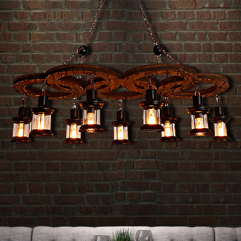Lantern Clear Glass Light Chandelier Coastal Multi Light Living Room Pendant Lighting in Black with Wooden Shelf Clearhalo 'Cast Iron' 'Ceiling Lights' 'Chandeliers' 'Industrial Chandeliers' 'Industrial' 'Metal' 'Middle Century Chandeliers' 'Rustic Chandeliers' 'Tiffany' Lighting' 205904