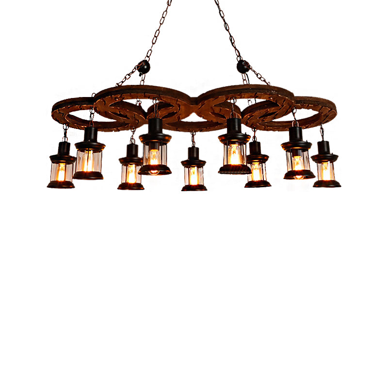 Lantern Clear Glass Light Chandelier Coastal Multi Light Living Room Pendant Lighting in Black with Wooden Shelf Clearhalo 'Cast Iron' 'Ceiling Lights' 'Chandeliers' 'Industrial Chandeliers' 'Industrial' 'Metal' 'Middle Century Chandeliers' 'Rustic Chandeliers' 'Tiffany' Lighting' 205905