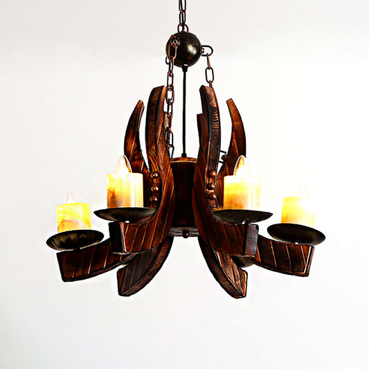 Cylinder Living Room Pendant Chandelier Rustic Style Marble 4 Lights Brown Hanging Fixture with Wood Clearhalo 'Cast Iron' 'Ceiling Lights' 'Chandeliers' 'Industrial Chandeliers' 'Industrial' 'Metal' 'Middle Century Chandeliers' 'Rustic Chandeliers' 'Tiffany' Lighting' 205909