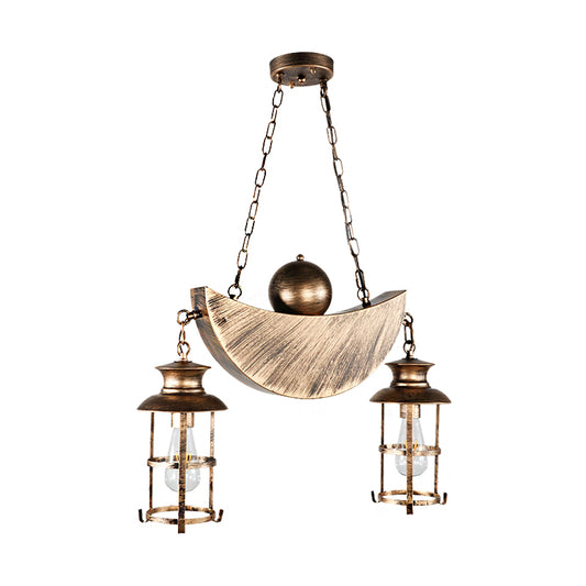 Caged Living Room Pendant Chandelier Retro Industrial Metal 2 Lights Gold/Silver Hanging Fixture Clearhalo 'Cast Iron' 'Ceiling Lights' 'Chandeliers' 'Industrial Chandeliers' 'Industrial' 'Metal' 'Middle Century Chandeliers' 'Rustic Chandeliers' 'Tiffany' Lighting' 205917