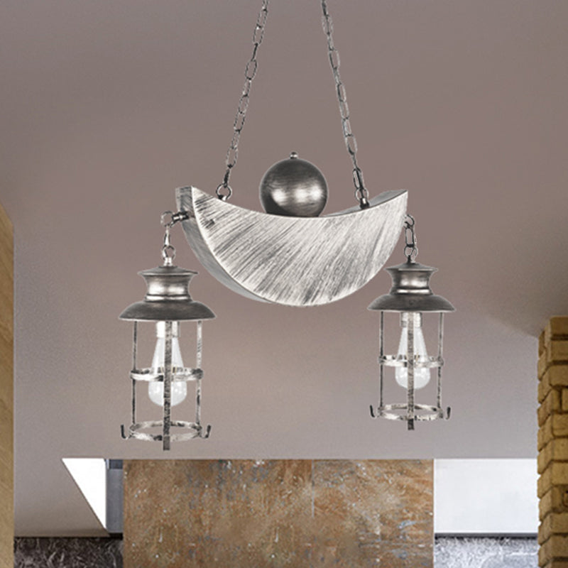 Caged Living Room Pendant Chandelier Retro Industrial Metal 2 Lights Gold/Silver Hanging Fixture Clearhalo 'Cast Iron' 'Ceiling Lights' 'Chandeliers' 'Industrial Chandeliers' 'Industrial' 'Metal' 'Middle Century Chandeliers' 'Rustic Chandeliers' 'Tiffany' Lighting' 205919