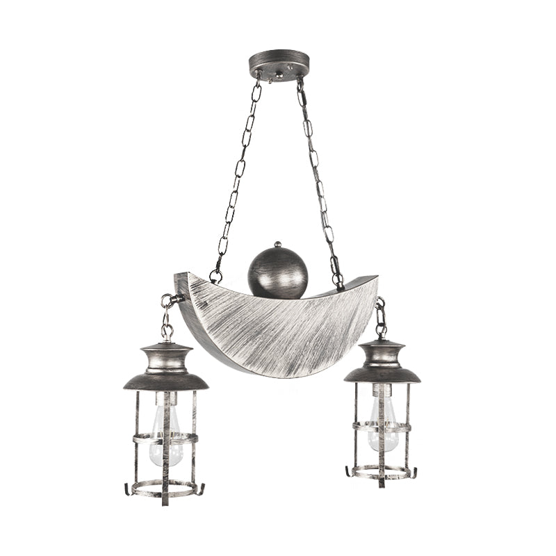 Caged Living Room Pendant Chandelier Retro Industrial Metal 2 Lights Gold/Silver Hanging Fixture Clearhalo 'Cast Iron' 'Ceiling Lights' 'Chandeliers' 'Industrial Chandeliers' 'Industrial' 'Metal' 'Middle Century Chandeliers' 'Rustic Chandeliers' 'Tiffany' Lighting' 205921