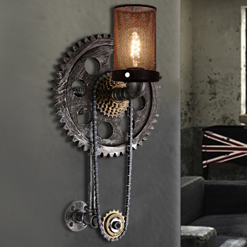 Cylinder Dining Room Wall Light Fixture Industrial Metal 1 Light Antique Silver Sconce Lamp with Gear