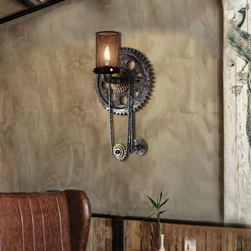 Cylinder Dining Room Wall Light Fixture Industrial Metal 1 Light Antique Silver Sconce Lamp with Gear Clearhalo 'Modern wall lights' 'Modern' 'Wall Lamps & Sconces' 'Wall Lights' Lighting' 205925