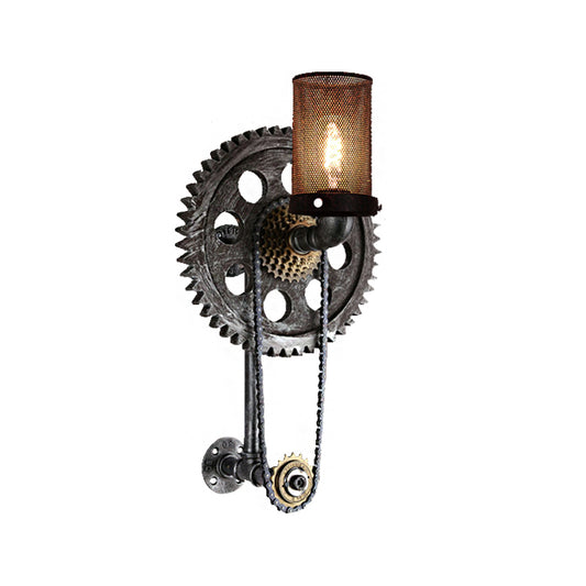 Cylinder Dining Room Wall Light Fixture Industrial Metal 1 Light Antique Silver Sconce Lamp with Gear Aged Silver Clearhalo 'Modern wall lights' 'Modern' 'Wall Lamps & Sconces' 'Wall Lights' Lighting' 205926