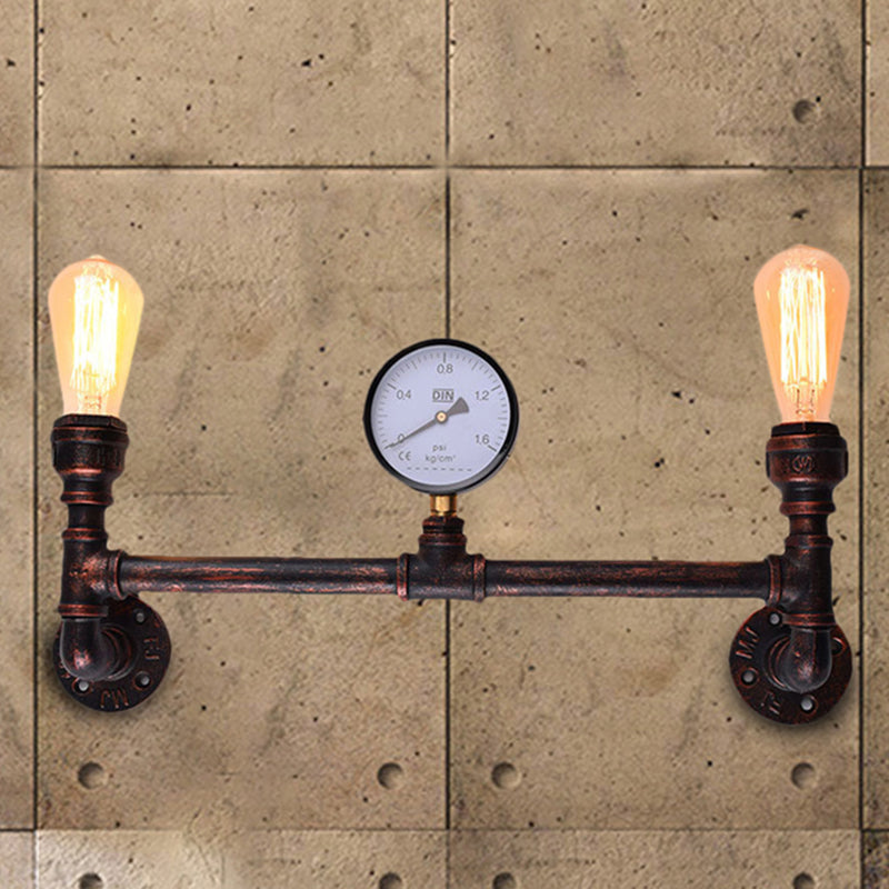 2-Light Pressure Gauge Wall Mounted Pipe Light Industrial Weathered Copper Metal Sconce for Indoor, 20.5"/21.5" Wide Clearhalo 'Art deco wall lights' 'Cast Iron' 'Glass' 'Industrial wall lights' 'Industrial' 'Middle century wall lights' 'Modern' 'Rustic wall lights' 'Tiffany' 'Traditional wall lights' 'Wall Lamps & Sconces' 'Wall Lights' Lighting' 205943