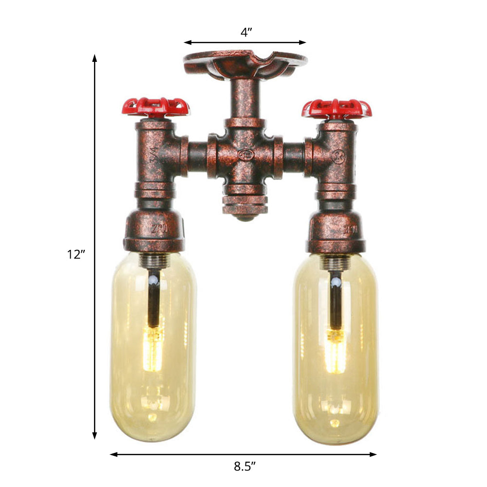 Capsule Shade Amber Glass Semi Flush Industrial 2-Bulb Dining Room Light Fixture in Weathered Copper Clearhalo 'Ceiling Lights' 'Close To Ceiling Lights' 'Close to ceiling' 'Semi-flushmount' Lighting' 205999
