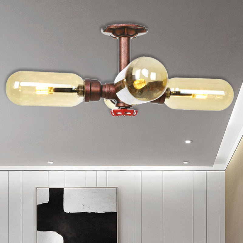 Antique Copper 4/6 Lights Ceiling Mount Rustic Style Amber Glass Sputnik Semi Flush Light Weathered Copper B Clearhalo 'Ceiling Lights' 'Close To Ceiling Lights' 'Close to ceiling' 'Semi-flushmount' Lighting' 206043